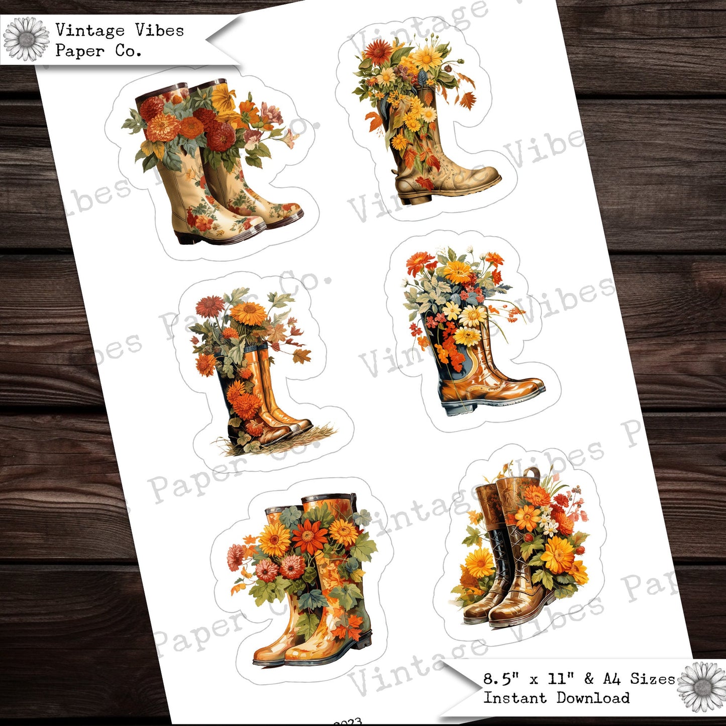 Autumn fussy cut ephemera for junk journals, Fall boots with autumn flowers, beautiful autumn footwear junk journal ephemera