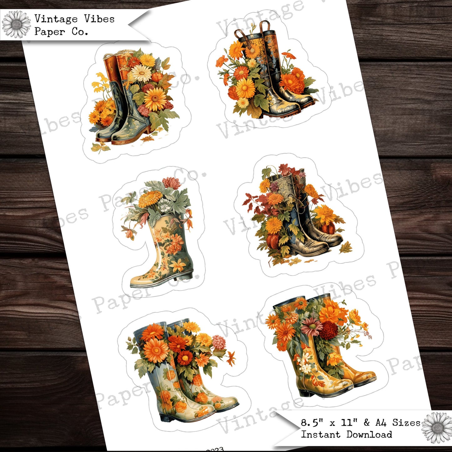 Autumn fussy cut ephemera for junk journals, Fall boots with autumn flowers, beautiful autumn footwear junk journal ephemera