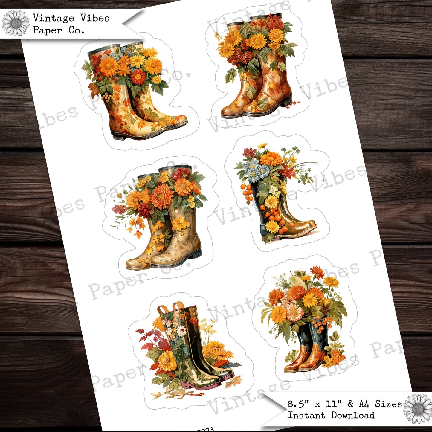 Autumn fussy cut ephemera for junk journals, Fall boots with autumn flowers, beautiful autumn footwear junk journal ephemera