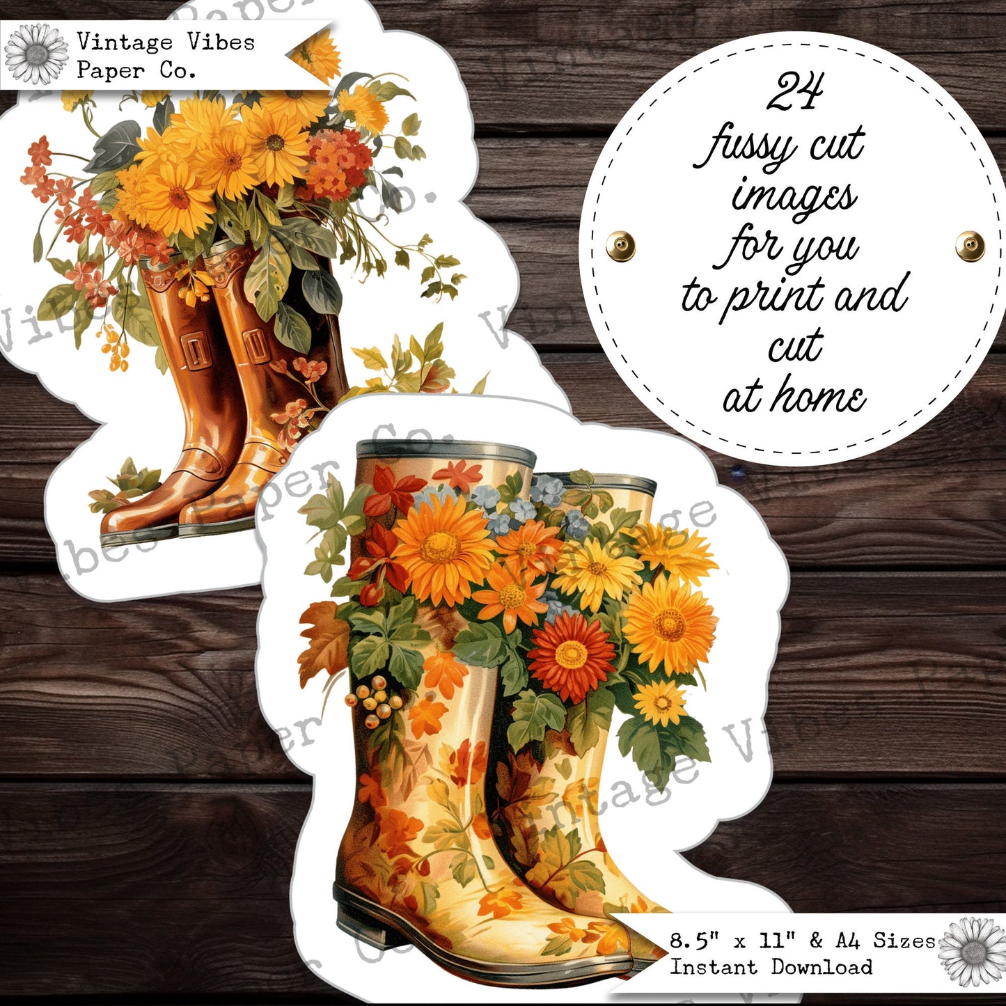 Autumn fussy cut ephemera for junk journals, Fall boots with autumn flowers, beautiful autumn footwear junk journal ephemera