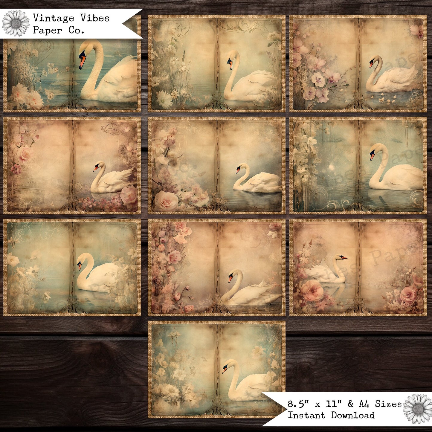 Junk journal pages spread Vintage swan, bird junk journal themed pages, vintage textured junk journal floral winter swans, digital paper