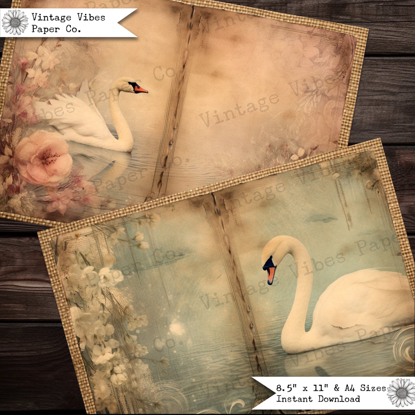 Junk journal pages spread Vintage swan, bird junk journal themed pages, vintage textured junk journal floral winter swans, digital paper