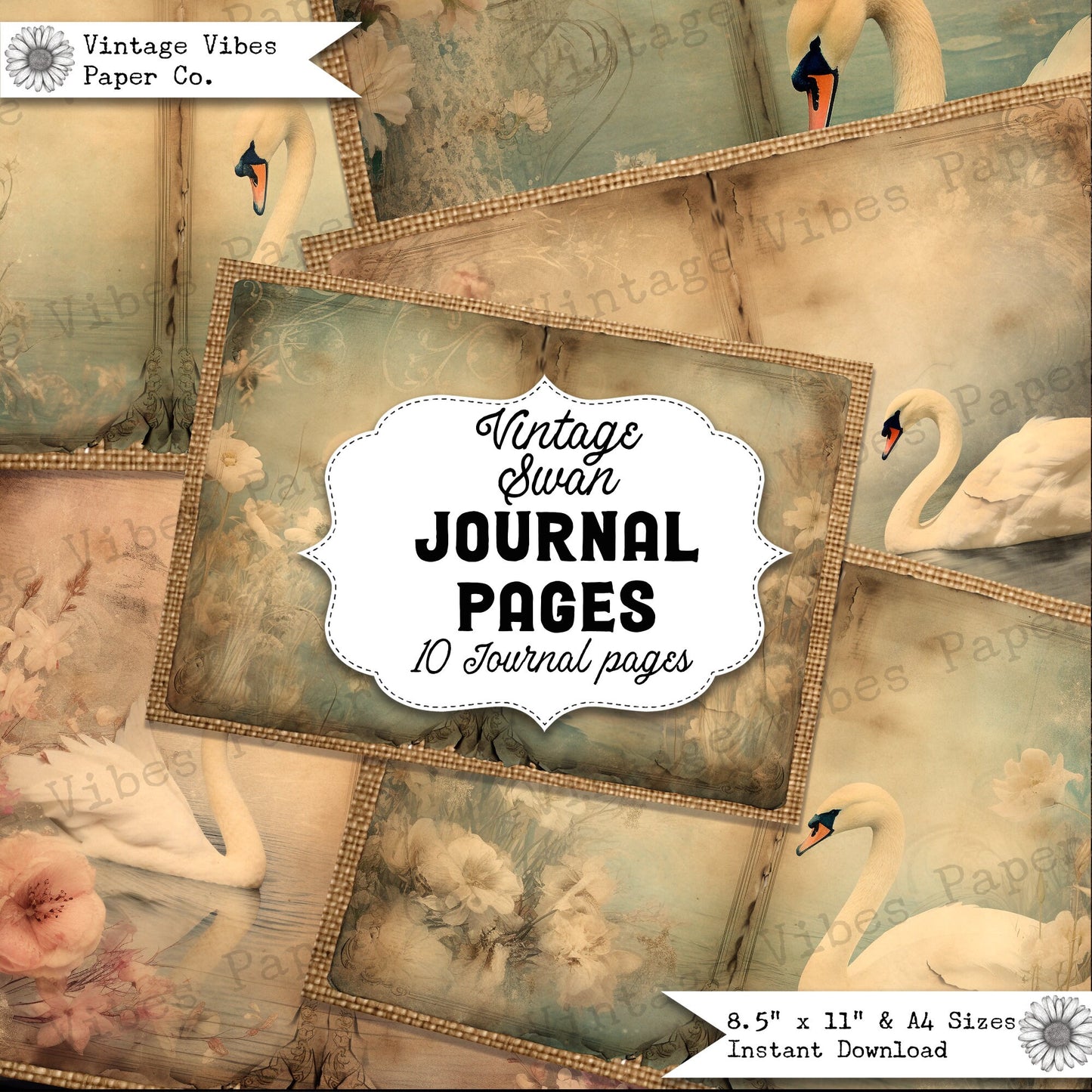 Junk journal pages spread Vintage swan, bird junk journal themed pages, vintage textured junk journal floral winter swans, digital paper