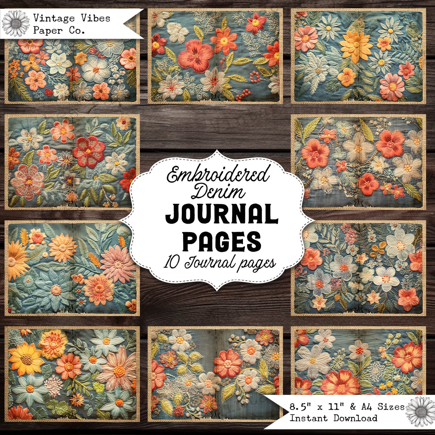 Embroidered denim junk jouranl page spread, 10 digital papers, perfect for sewing fabric themed junk journal, distressed vintage style paper