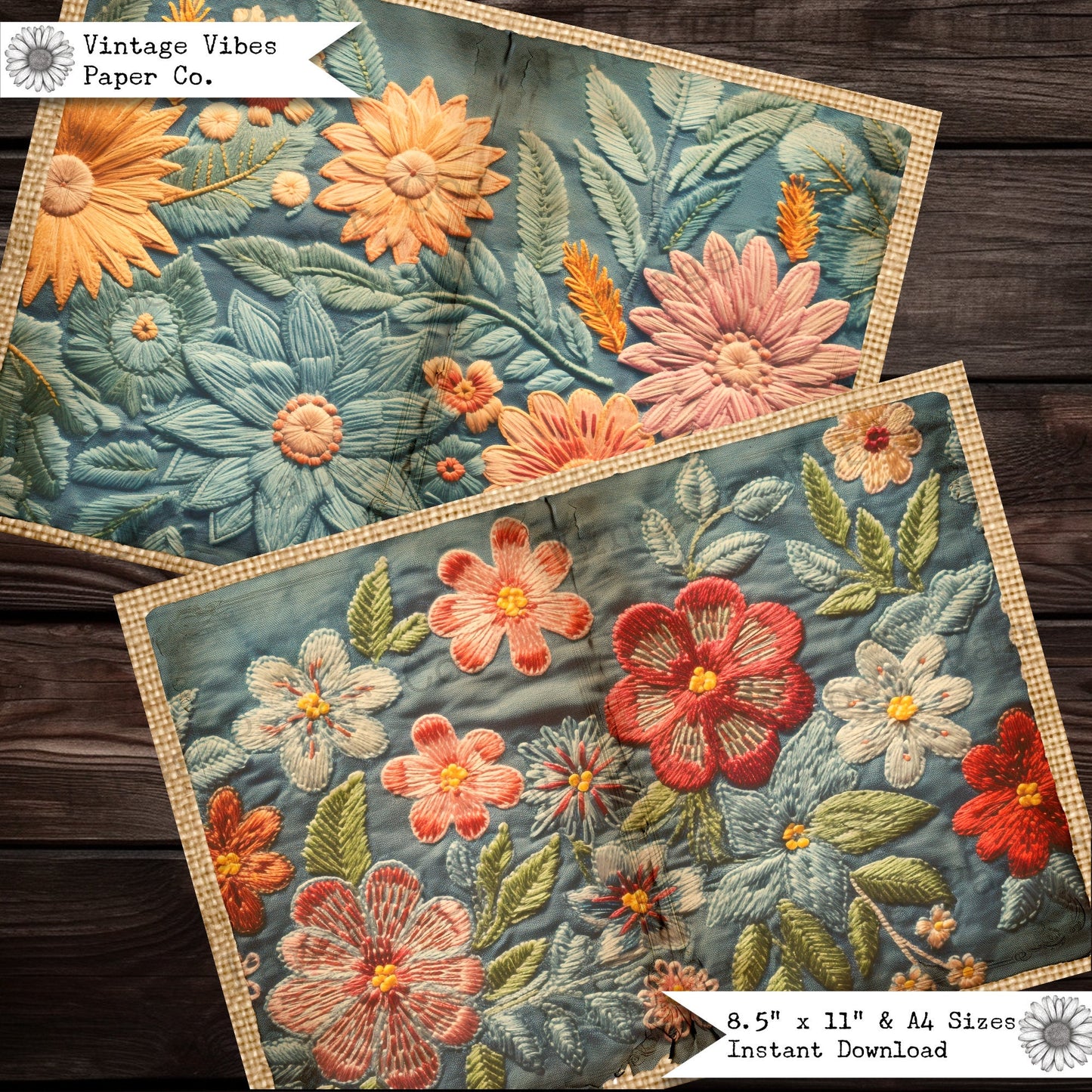 Embroidered denim junk jouranl page spread, 10 digital papers, perfect for sewing fabric themed junk journal, distressed vintage style paper