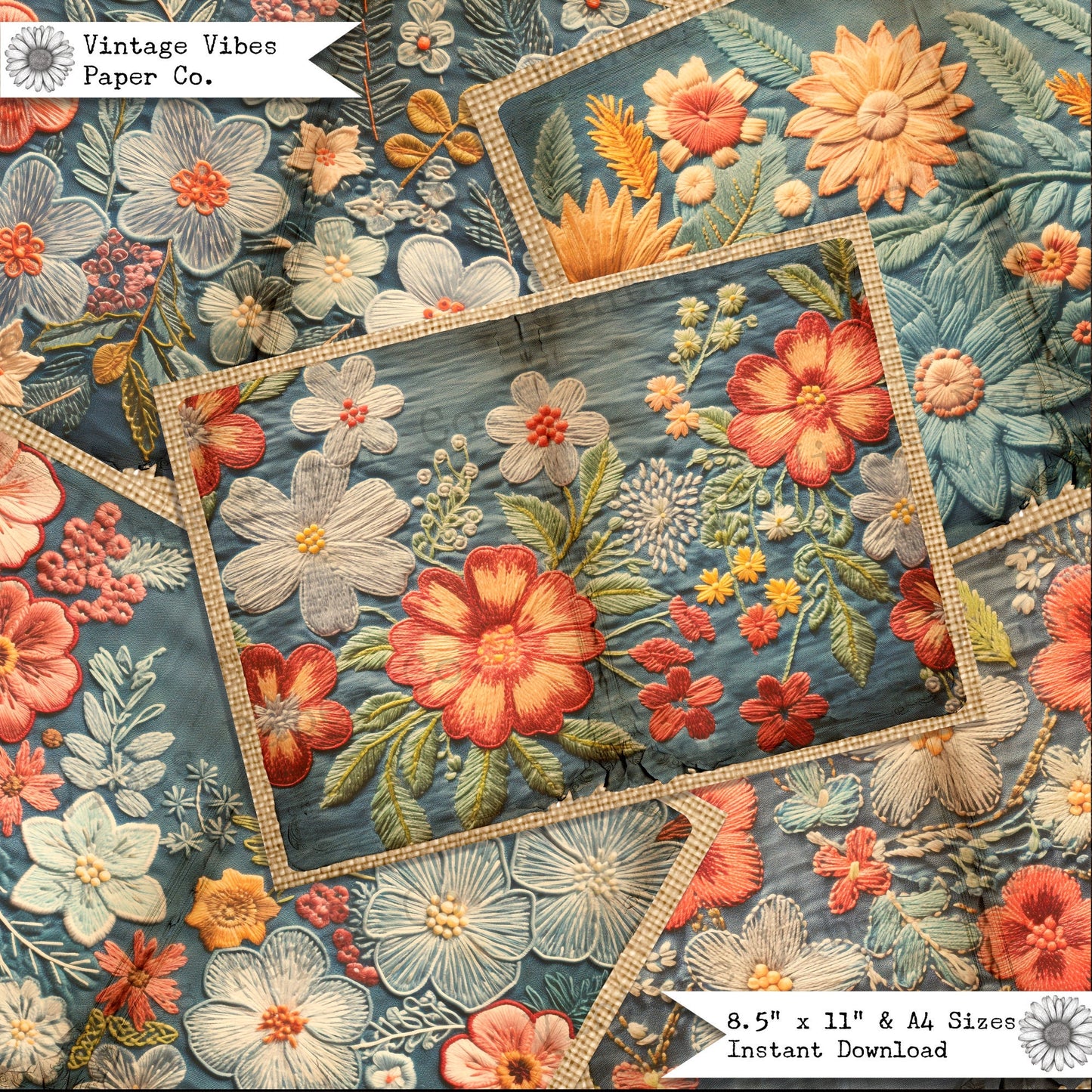 Embroidered denim junk jouranl page spread, 10 digital papers, perfect for sewing fabric themed junk journal, distressed vintage style paper