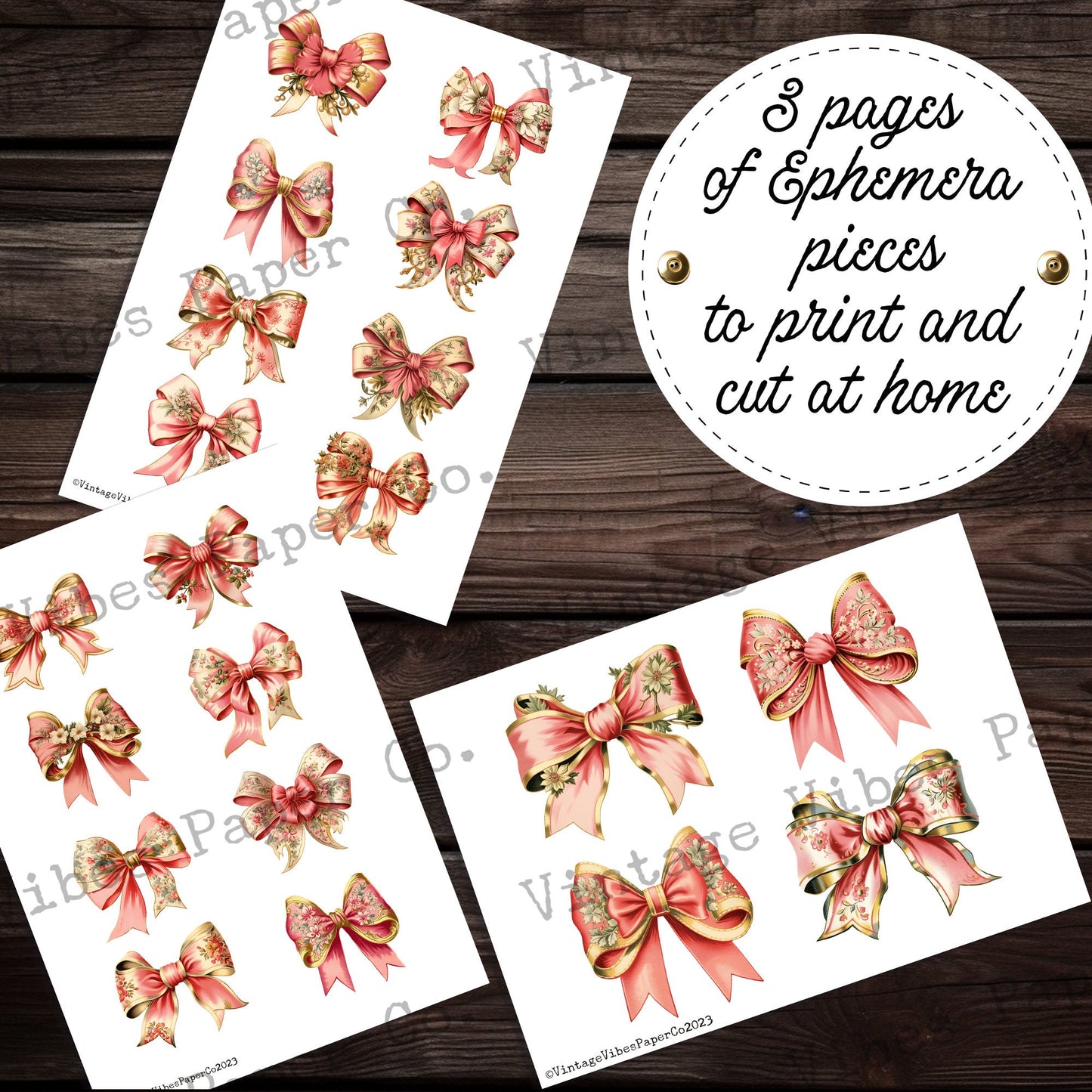 Junk Journal fussy cut ephemera vintage Pink bows, digital vintage ribbon bows for junk journals, printable bow embellishment for scrapbook