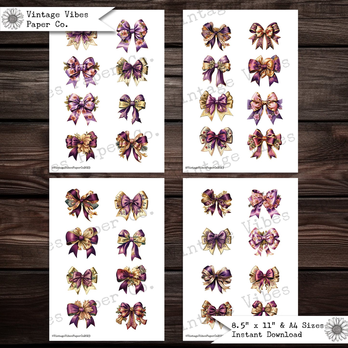 Junk journal fussy cut ephemera vintage style purple & gold bows, fashion sewing journal printable junk journal ephemera printable cut outs