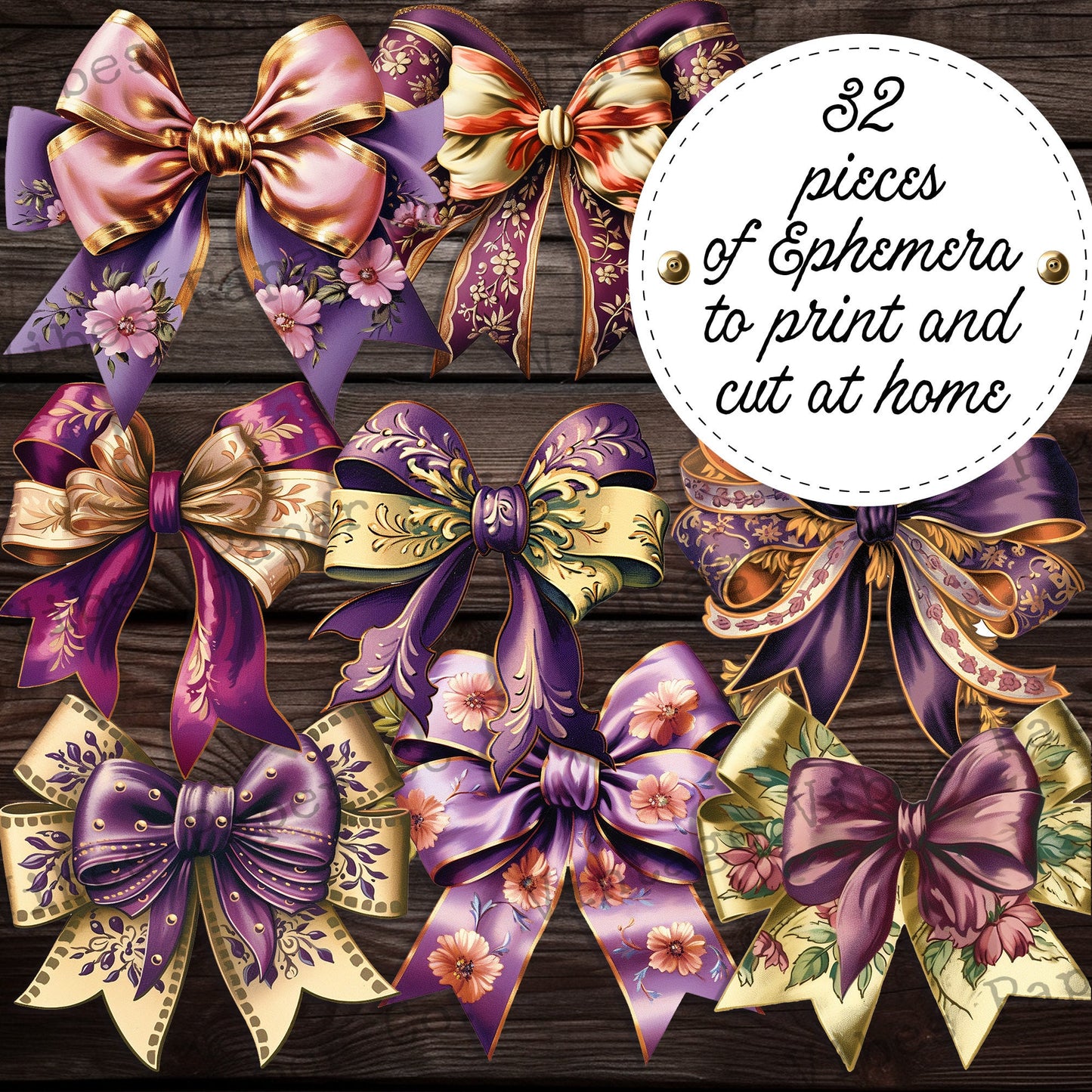 Junk journal fussy cut ephemera vintage style purple & gold bows, fashion sewing journal printable junk journal ephemera printable cut outs