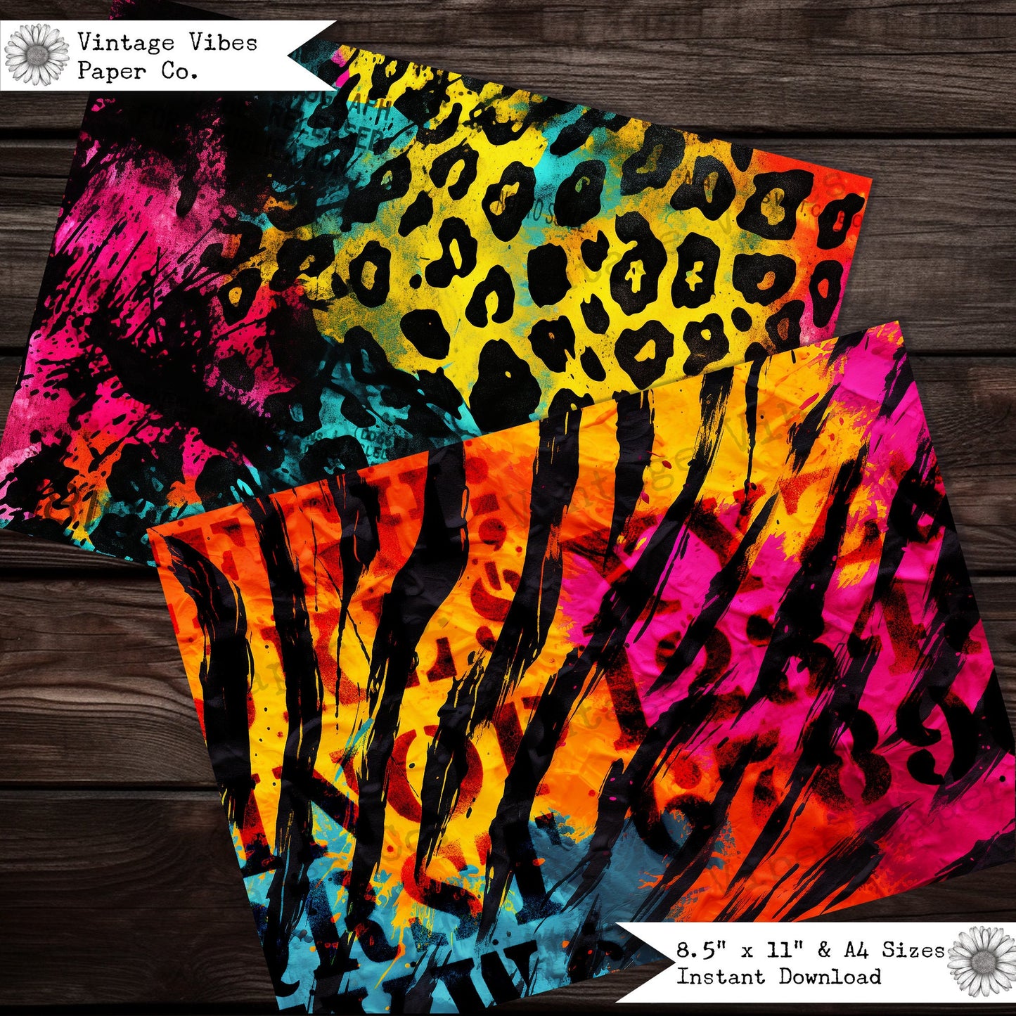 Junk journal papers Grunge Neon animal print, bright background patterned textured collage pages for junk journalling & mixed media collage
