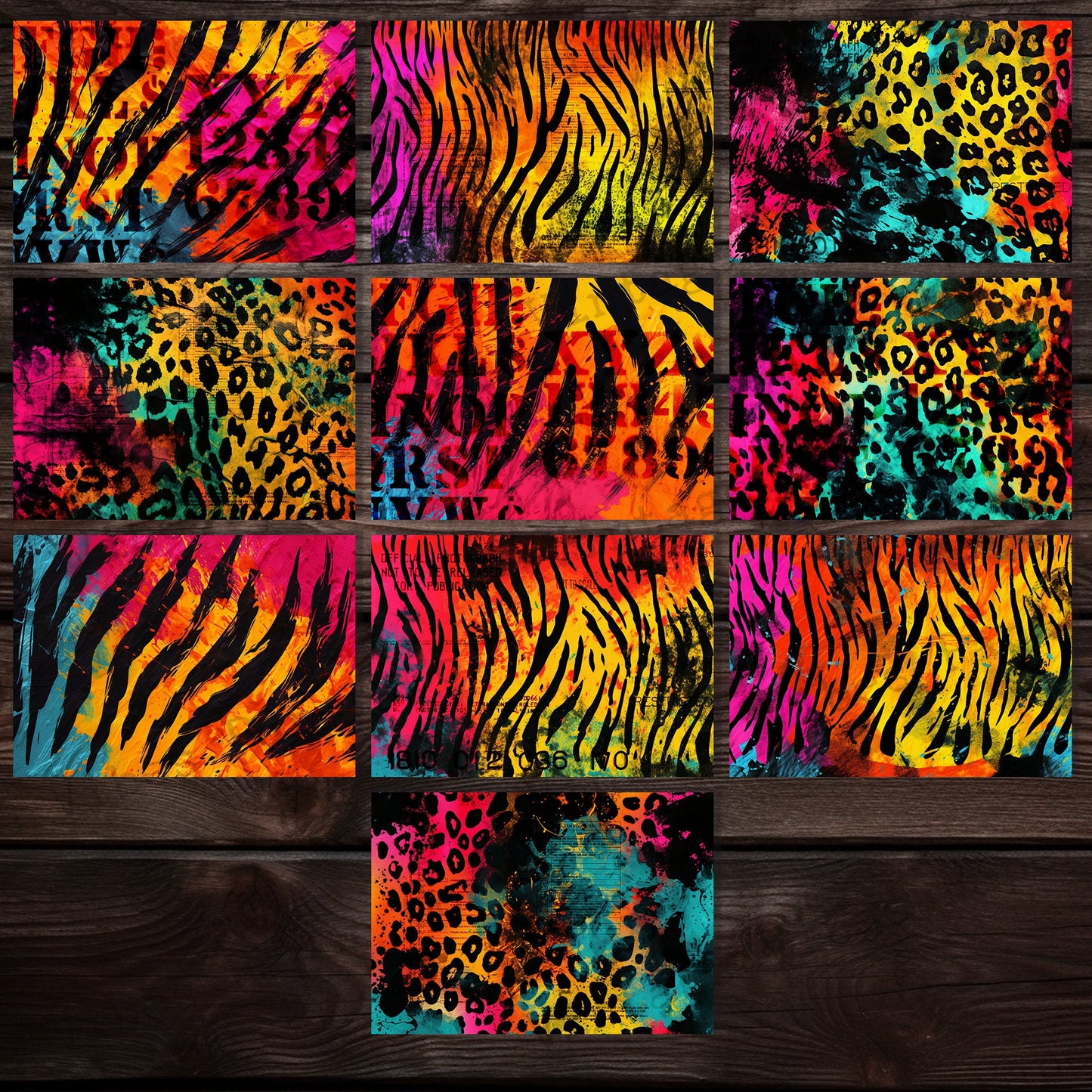 Junk journal papers Grunge Neon animal print, bright background patterned textured collage pages for junk journalling & mixed media collage