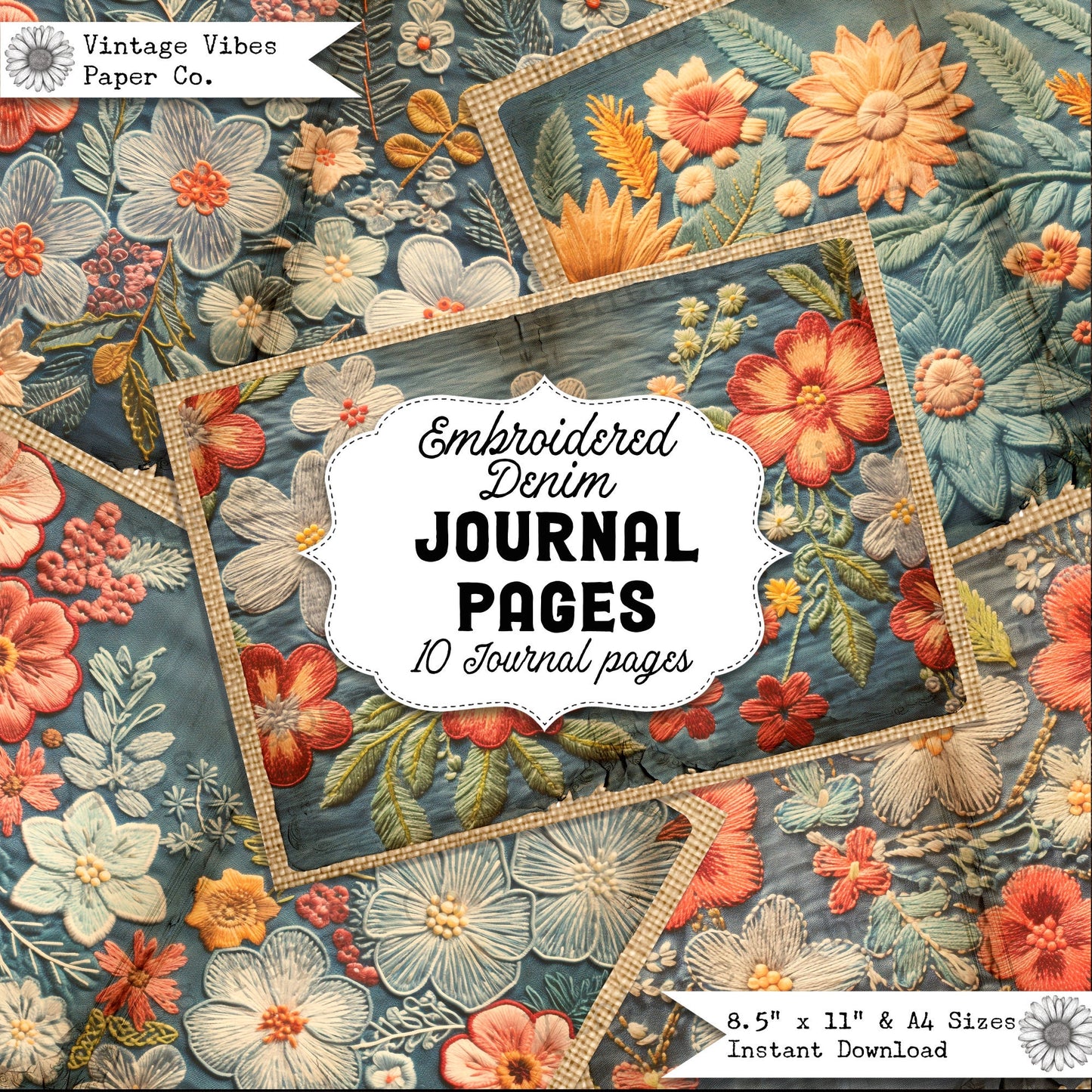 Embroidered denim junk jouranl page spread, 10 digital papers, perfect for sewing fabric themed junk journal, distressed vintage style paper
