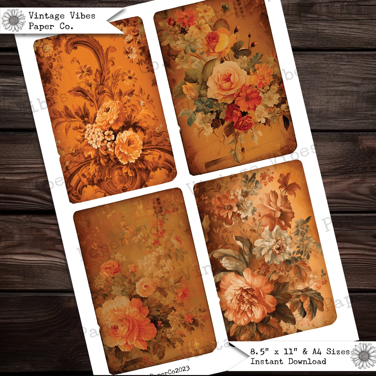 Regal orange flowers junk journal cards, 12 journalling cards to print Autumn baroque floral vintage style ephemera, scrapbooking & crafts