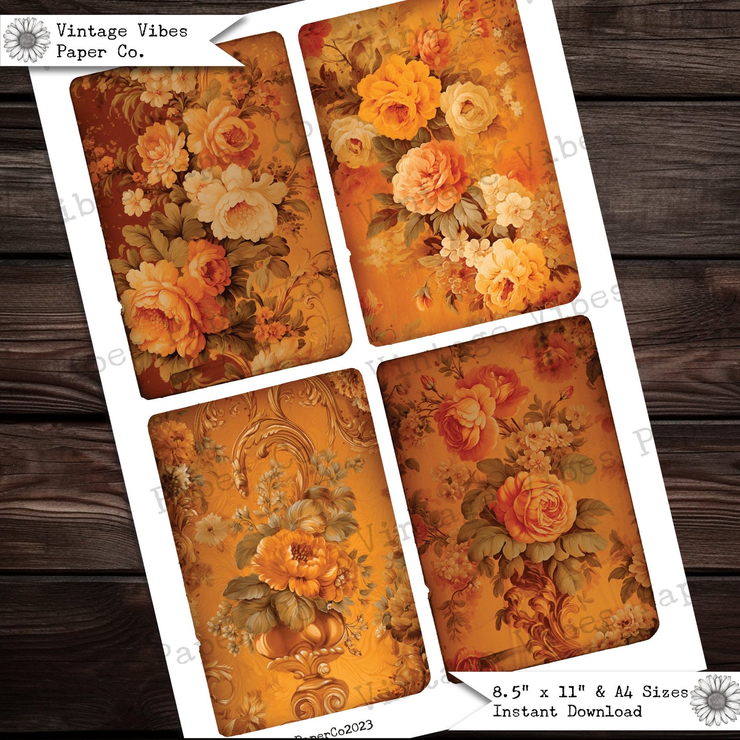 Regal orange flowers junk journal cards, 12 journalling cards to print Autumn baroque floral vintage style ephemera, scrapbooking & crafts