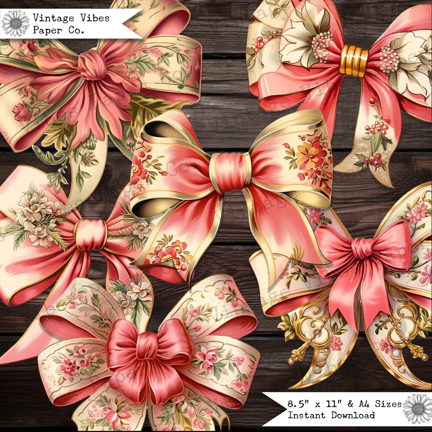 Junk Journal fussy cut ephemera vintage Pink bows, digital vintage ribbon bows for junk journals, printable bow embellishment for scrapbook