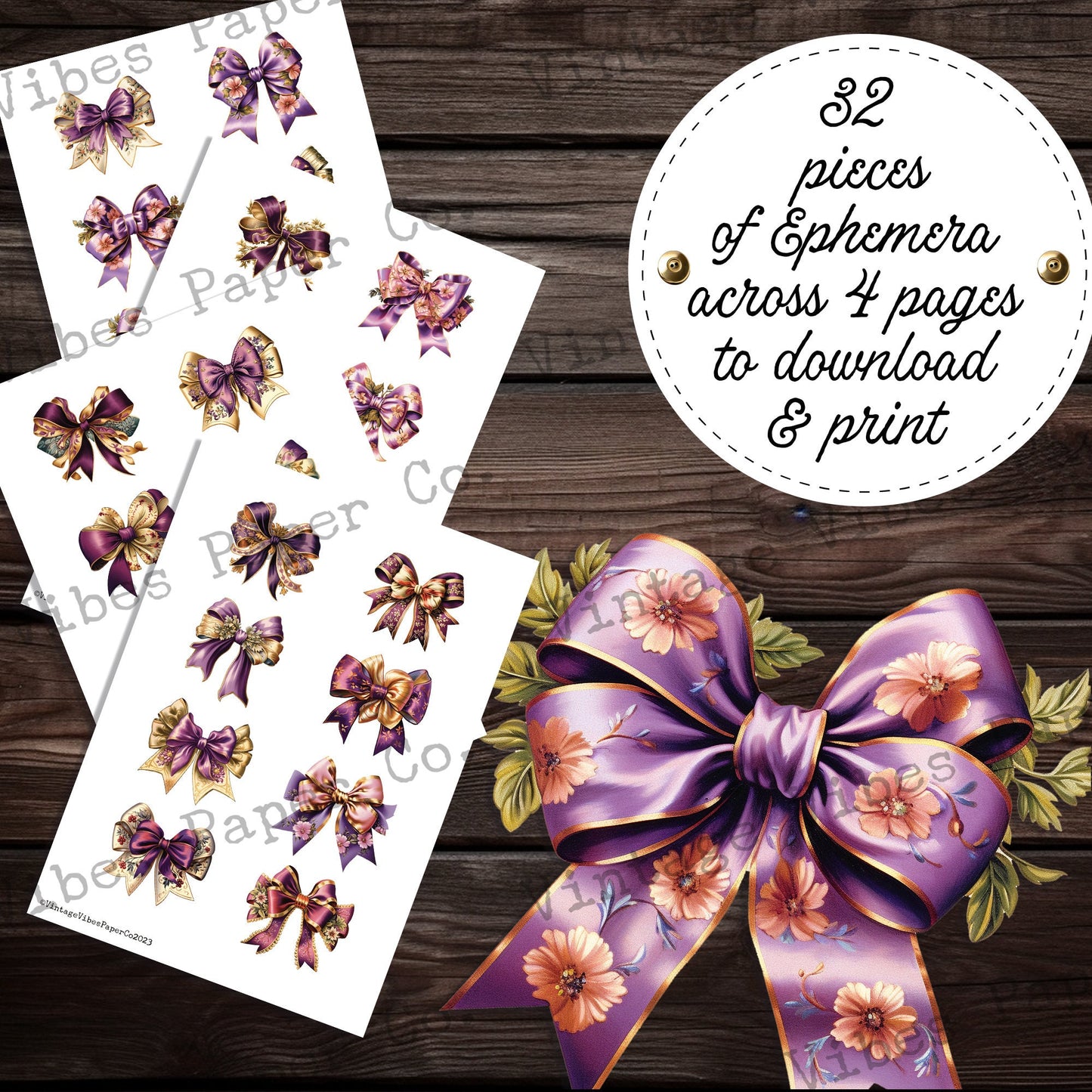 Junk journal fussy cut ephemera vintage style purple & gold bows, fashion sewing journal printable junk journal ephemera printable cut outs