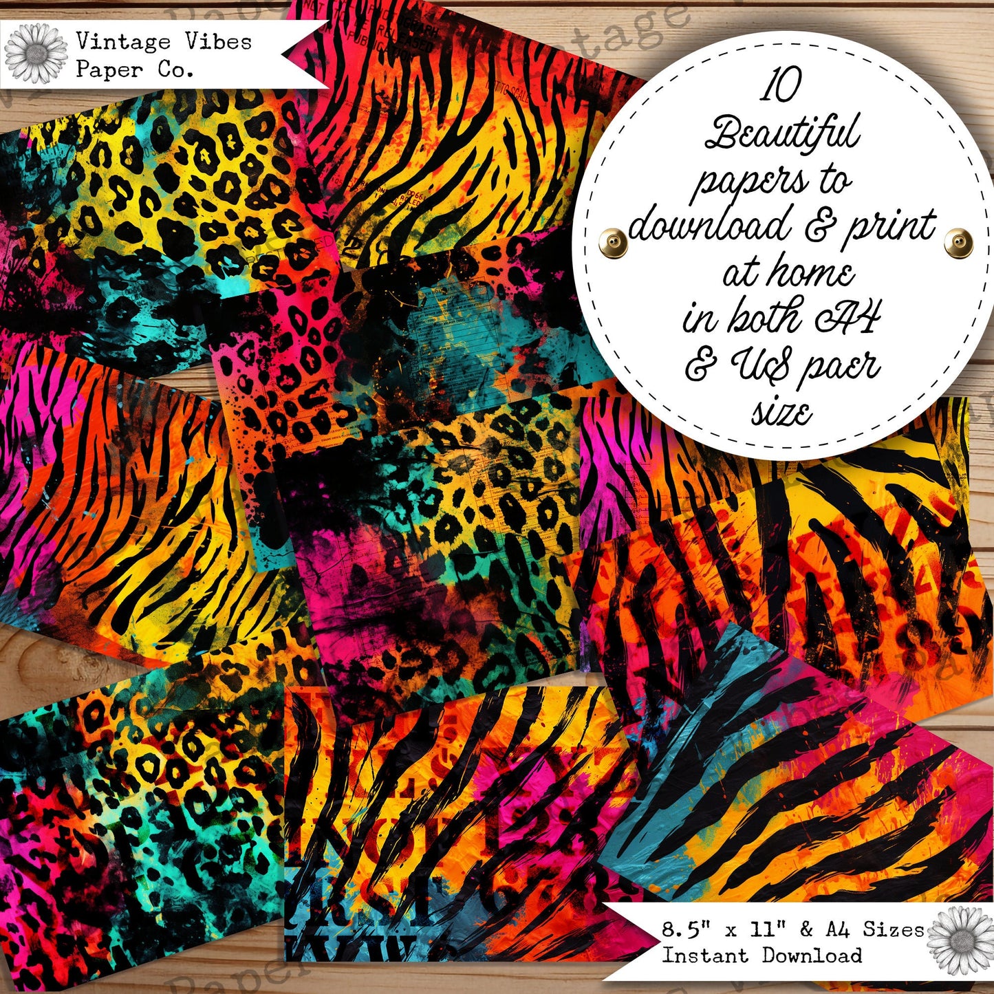 Junk journal papers Grunge Neon animal print, bright background patterned textured collage pages for junk journalling & mixed media collage