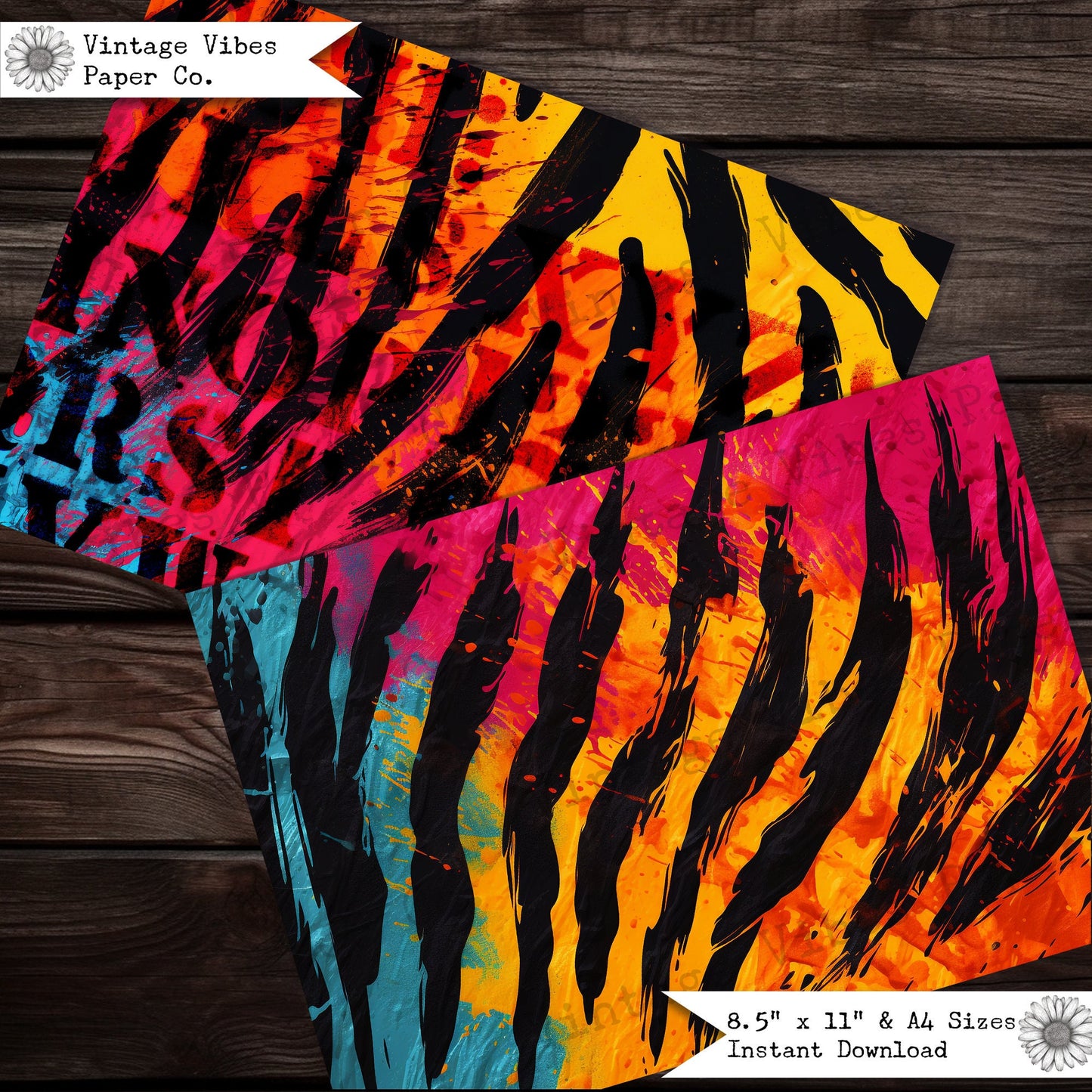 Junk journal papers Grunge Neon animal print, bright background patterned textured collage pages for junk journalling & mixed media collage