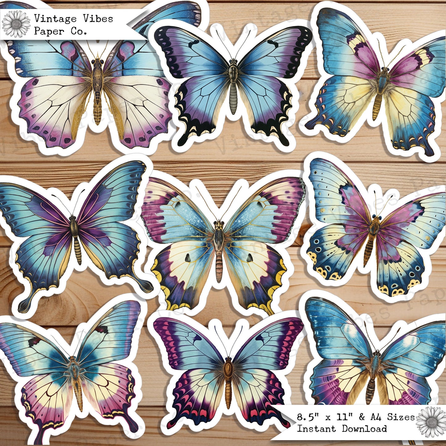 Junk Journal fussy cut ephemera Blue & purple butterflies, digital vintage butterfly ephemera for junk journals, printable embellishment