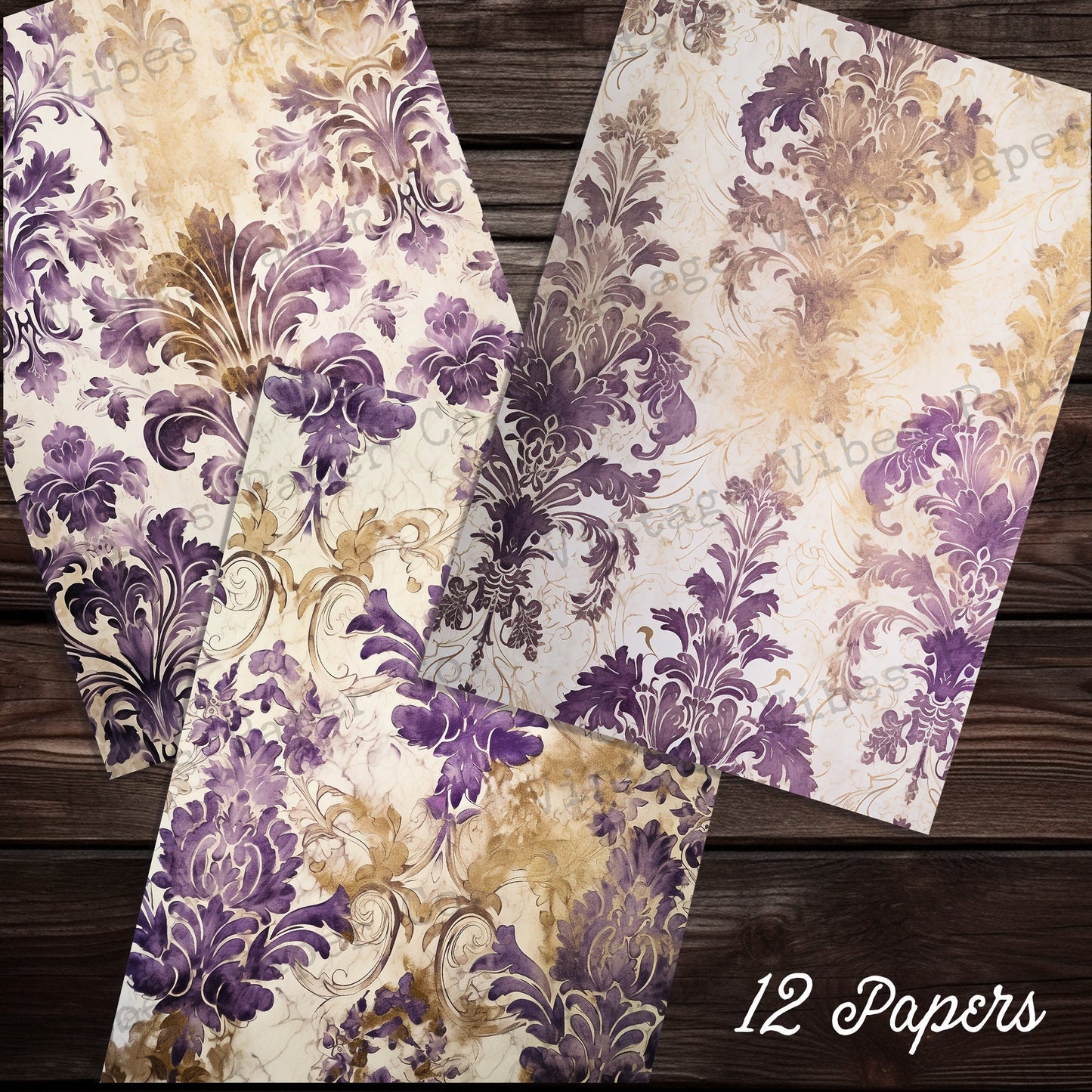 Junk journal papers Grunge Baroque purple, textured vintage junk journal papers, instant download printable digital junk journal paper kit