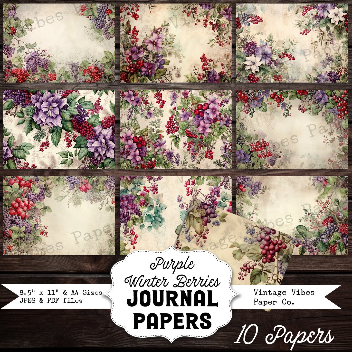 Christmas Junk journal Purple winter berries, winter junk journal paper kit digital printable Christmas vintage floral papers