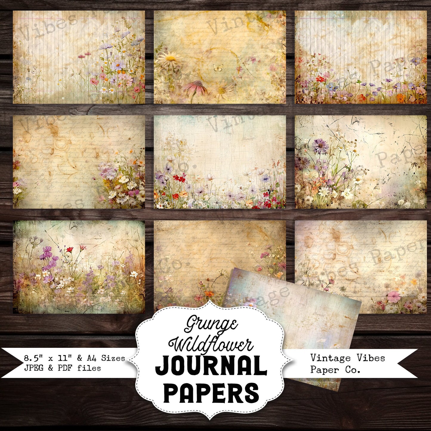Grunge Wildflowers Junk journal papers, digital mixed media collage botanical printable paper pack, vintage nature junk journal paper kit