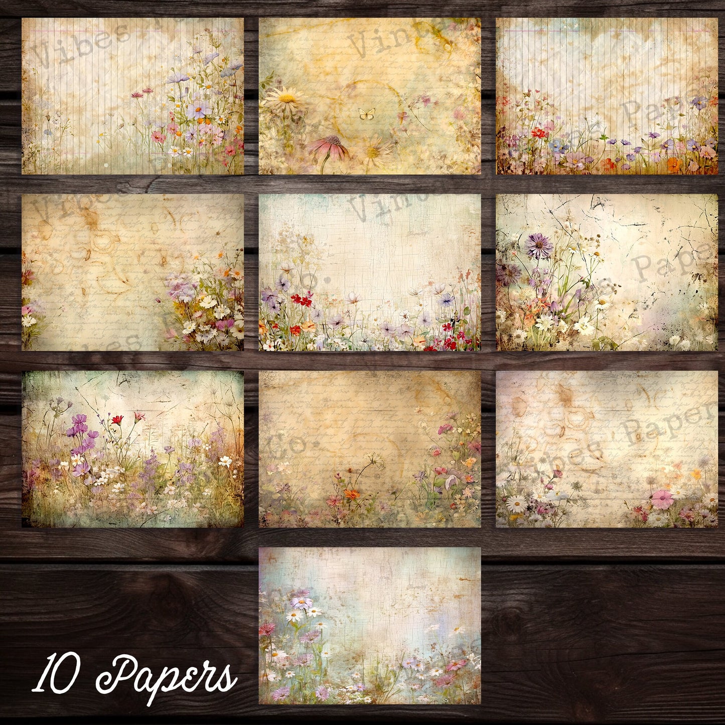 Grunge Wildflowers Junk journal papers, digital mixed media collage botanical printable paper pack, vintage nature junk journal paper kit