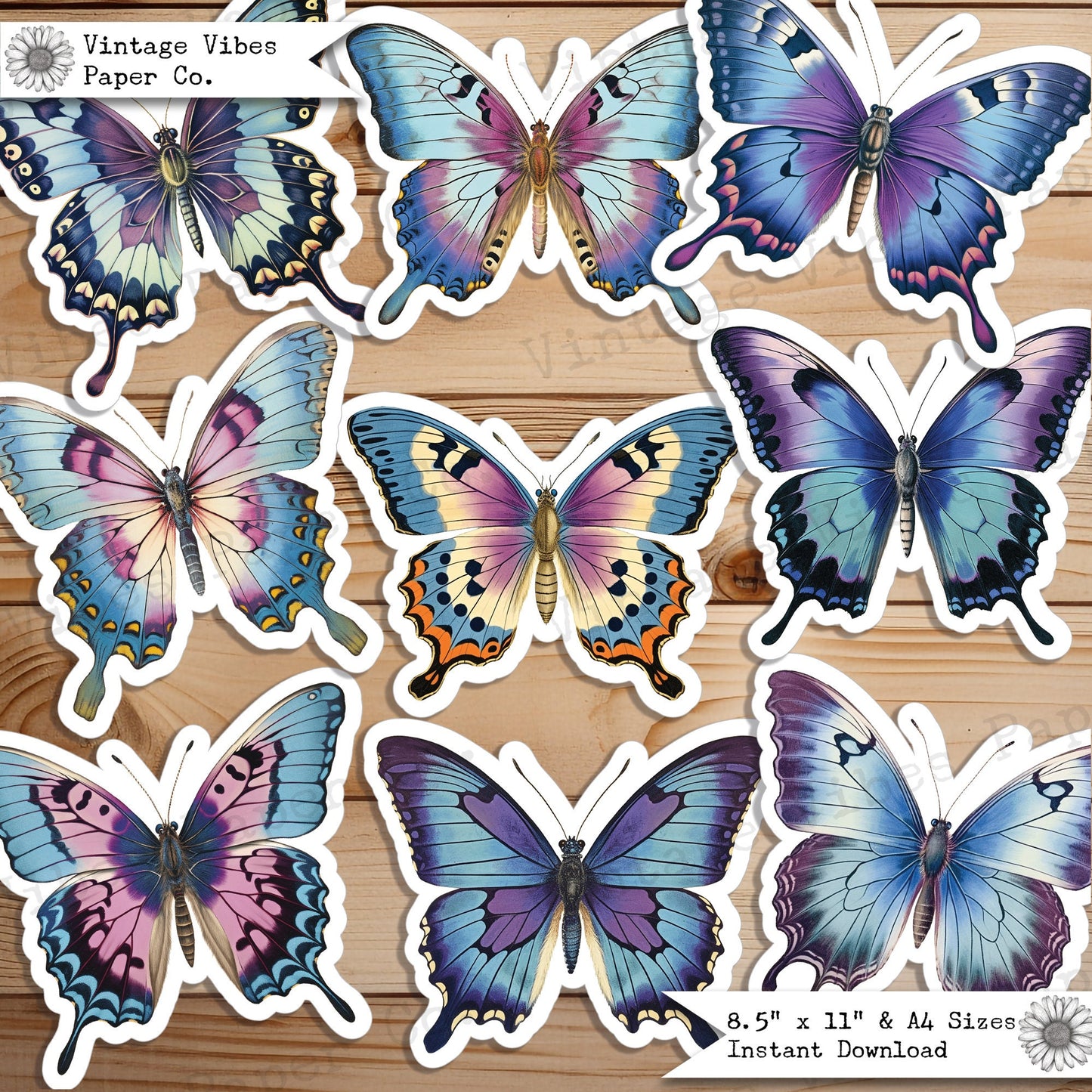 Junk Journal fussy cut ephemera Blue & purple butterflies, digital vintage butterfly ephemera for junk journals, printable embellishment