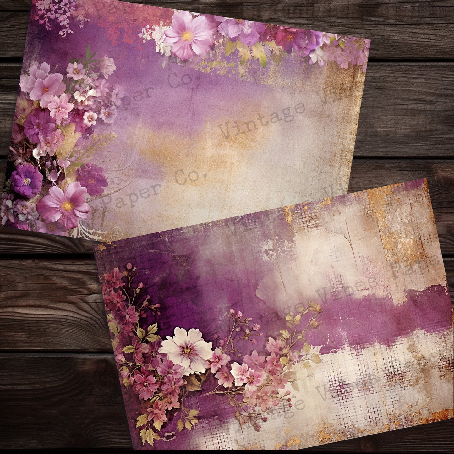 Purple & gold Grunge floral junk journal papers, digital instant download printable papers, vintage flower background papers for scrapbooks