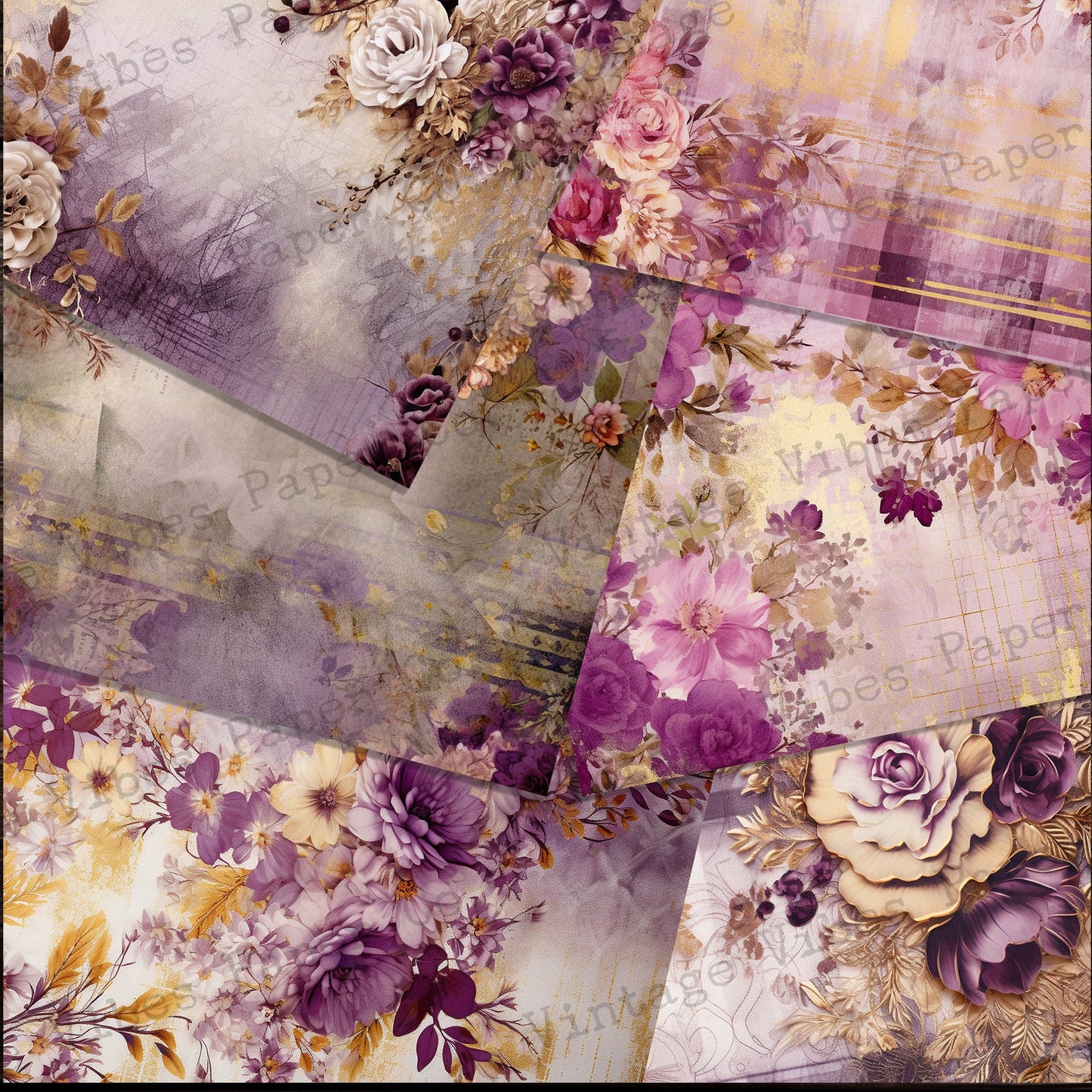 Purple & gold Grunge floral junk journal papers, digital instant download printable papers, vintage flower background papers for scrapbooks