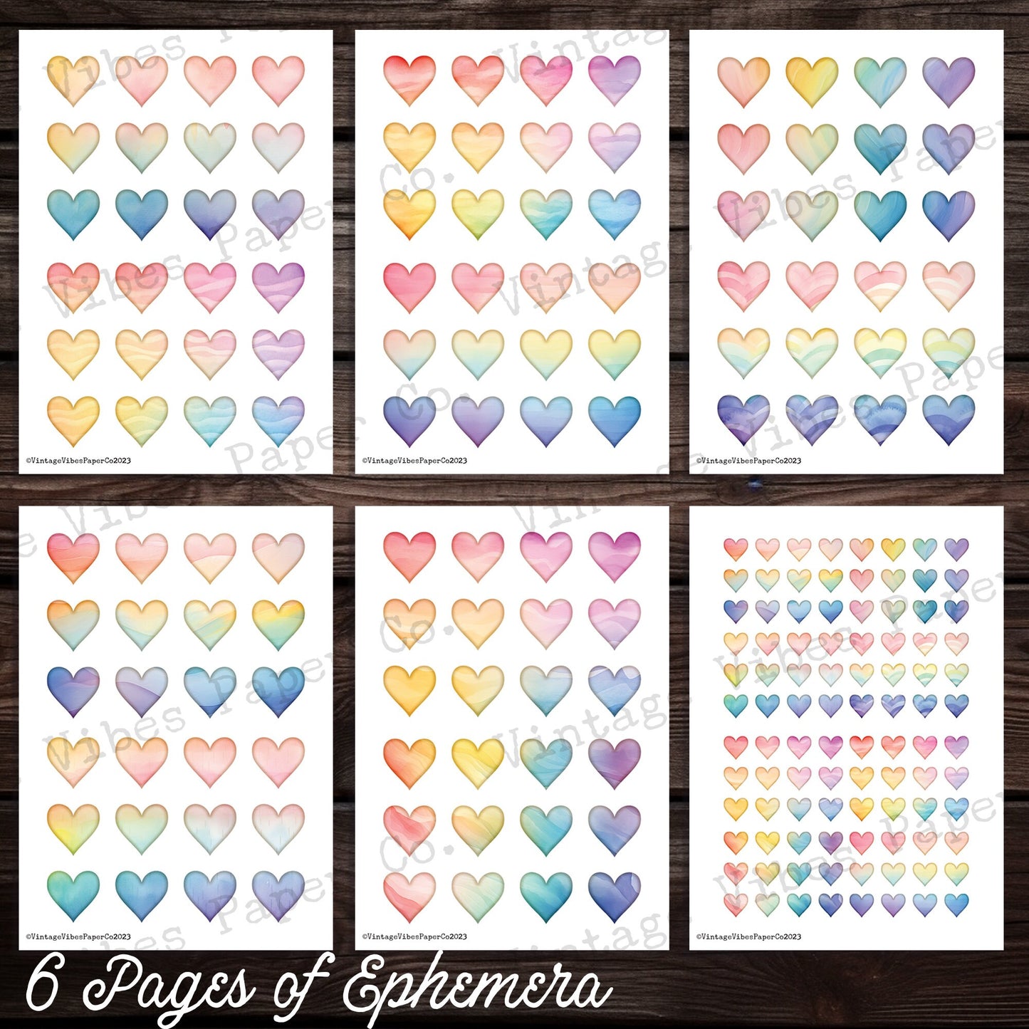 Junk Journal ephemera Watercolour heart fussy cuts, collage ephemera for junk journaling & scrapbooking, digital printable ephemera 6 papers