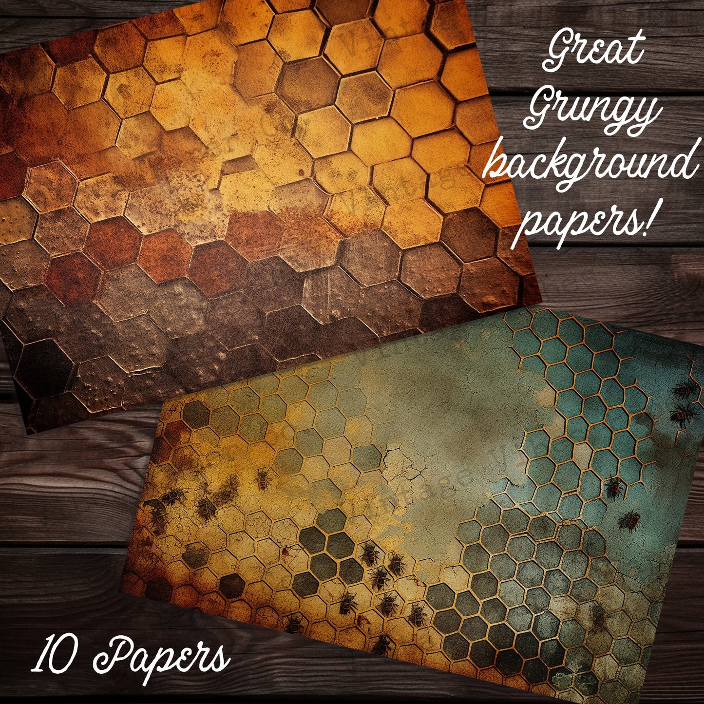honeycomb Grunge 2 Junk journal digital papers, hexagon textured bee themed background papers for scrapbooking, card making, collage & more