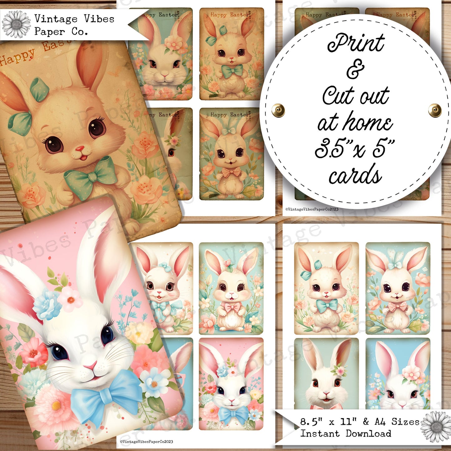 Junk journal ephemera Easter Bunny Journal cards, printable journal ephemera, journal card inserts, vintage Spring Rabbit digital download