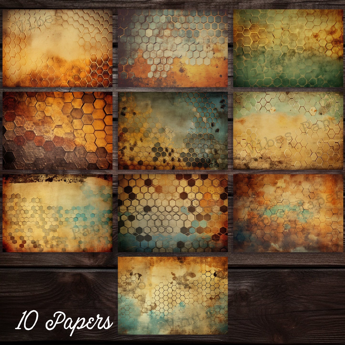 honeycomb Grunge 2 Junk journal digital papers, hexagon textured bee themed background papers for scrapbooking, card making, collage & more