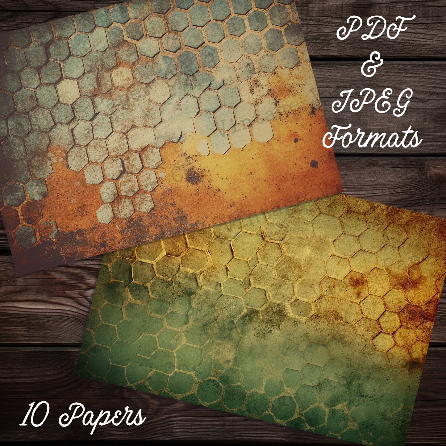 honeycomb Grunge 2 Junk journal digital papers, hexagon textured bee themed background papers for scrapbooking, card making, collage & more