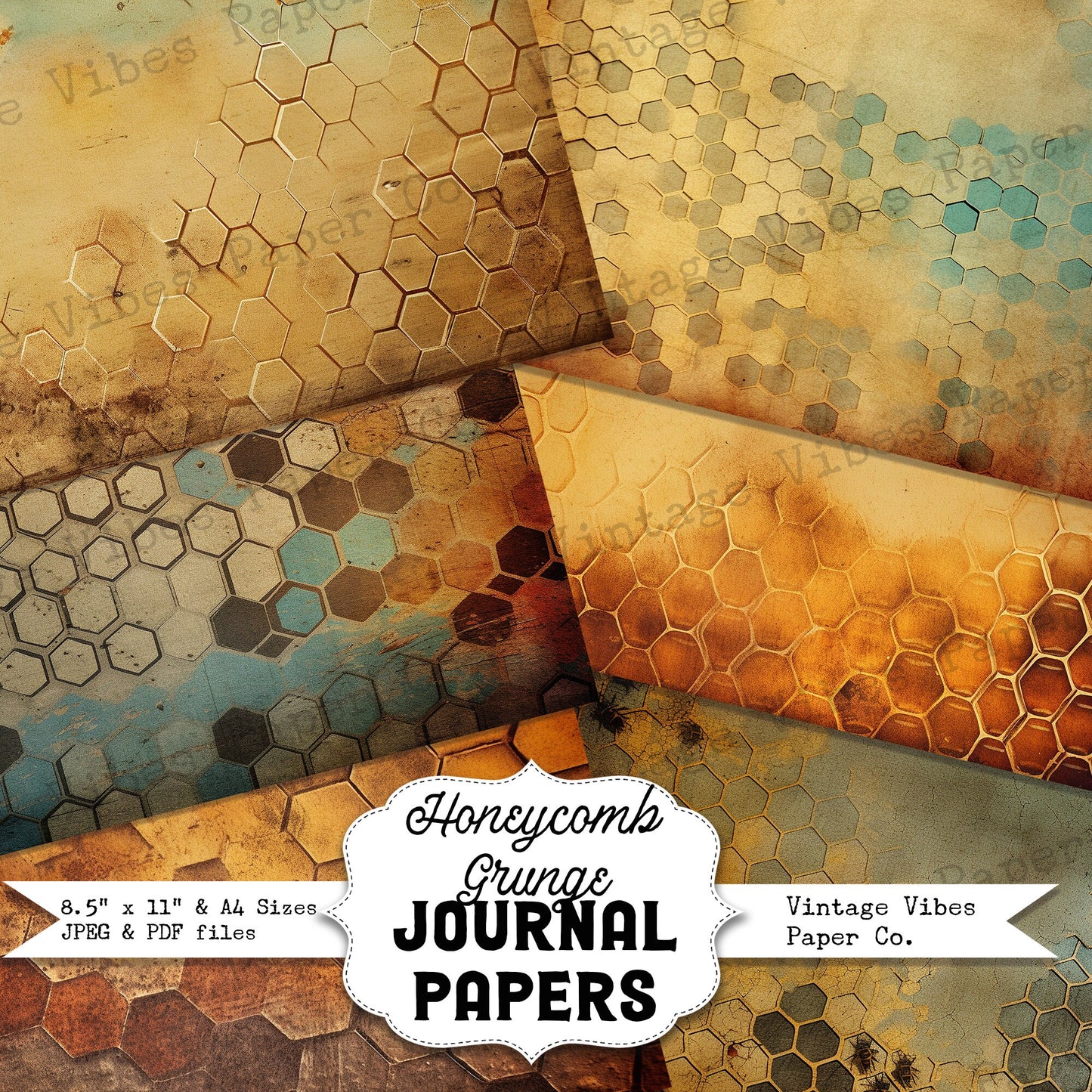 honeycomb Grunge 2 Junk journal digital papers, hexagon textured bee themed background papers for scrapbooking, card making, collage & more