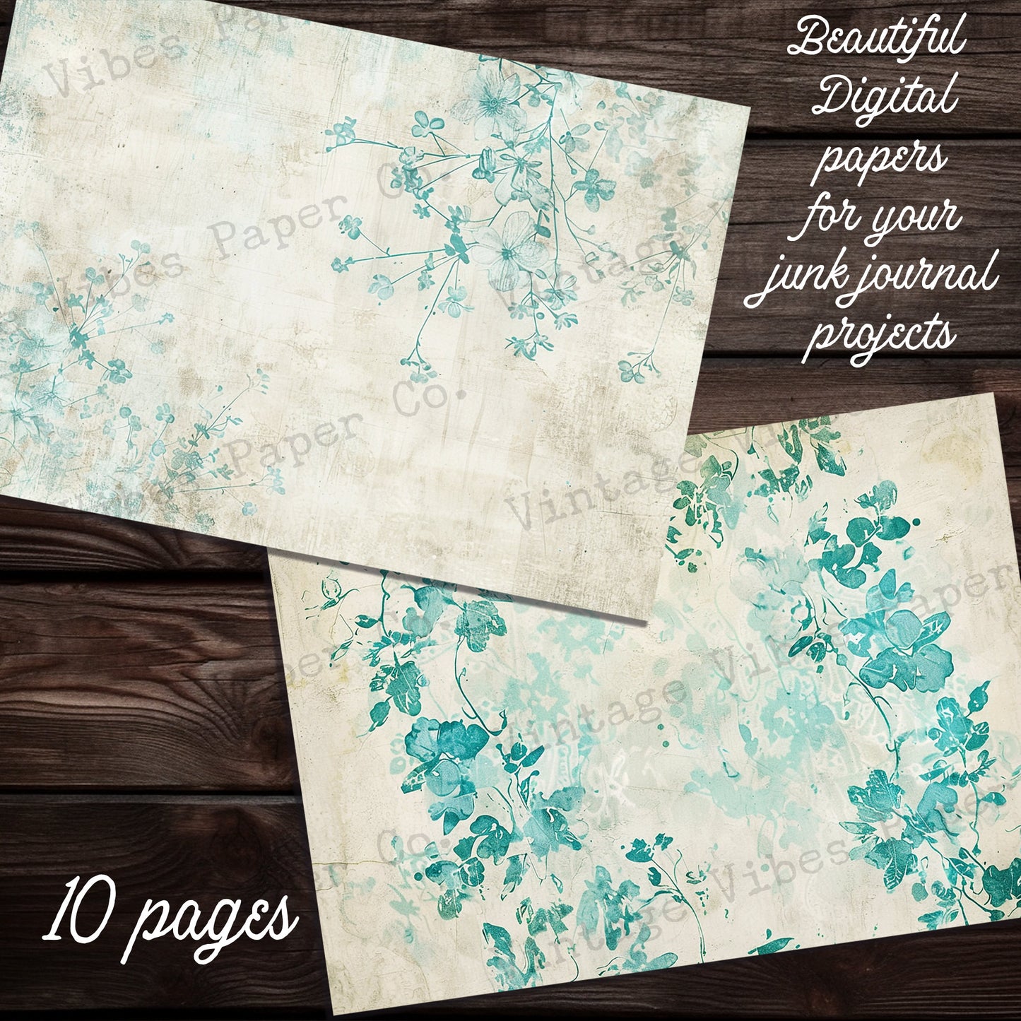 Aqua Vintage small flowers Junk journal digital papers, grungy ditsy floral mixed media themed background papers for scrapbooking, collage