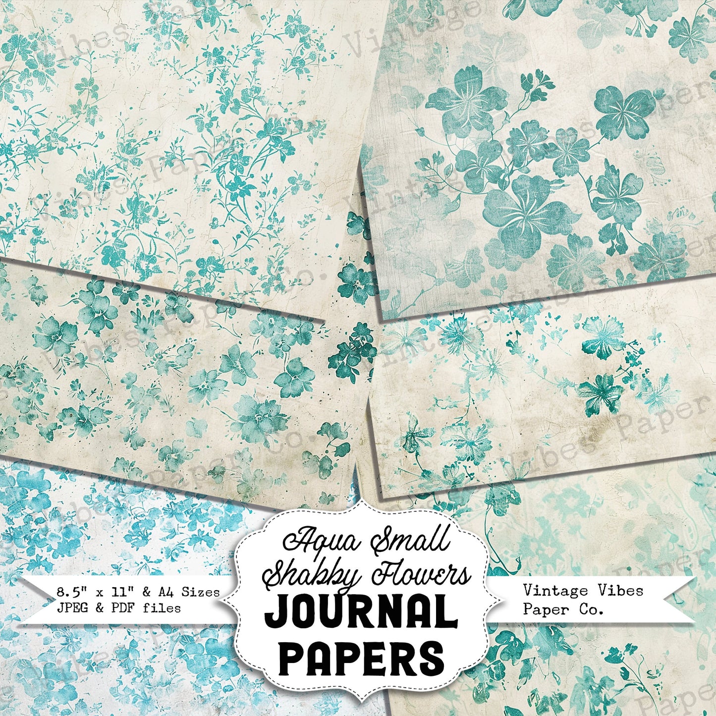 Aqua Vintage small flowers Junk journal digital papers, grungy ditsy floral mixed media themed background papers for scrapbooking, collage