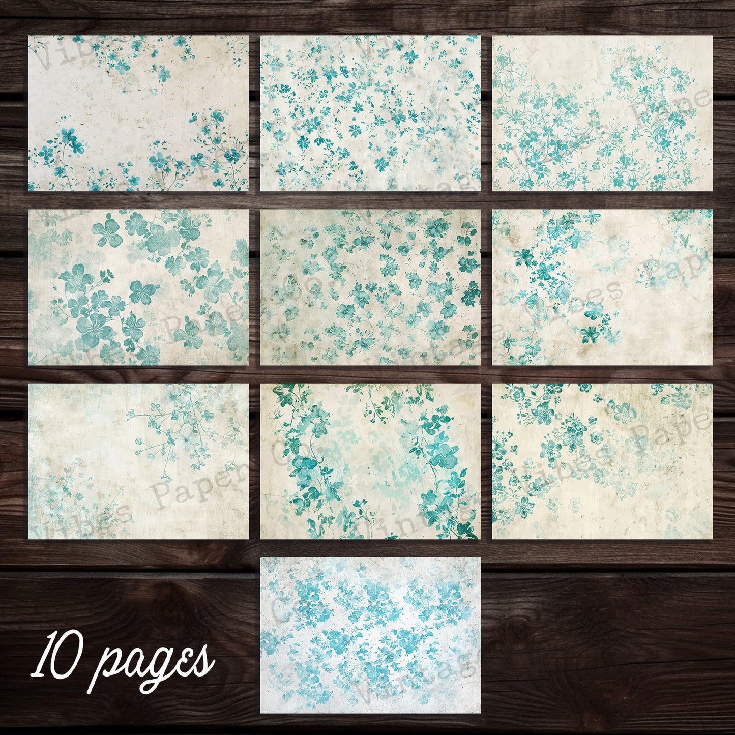 Aqua Vintage small flowers Junk journal digital papers, grungy ditsy floral mixed media themed background papers for scrapbooking, collage