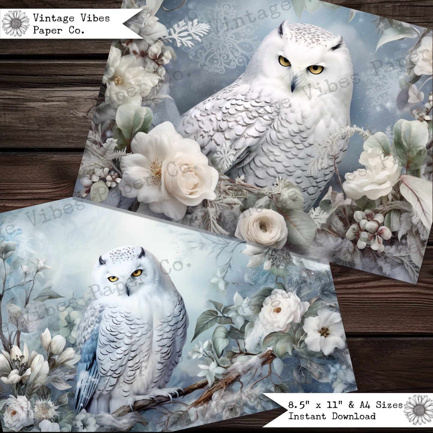 Vintage Junk journal Christmas snowy owls junk journal papers, animal junk journal printable papers,digital collage pages for journaling