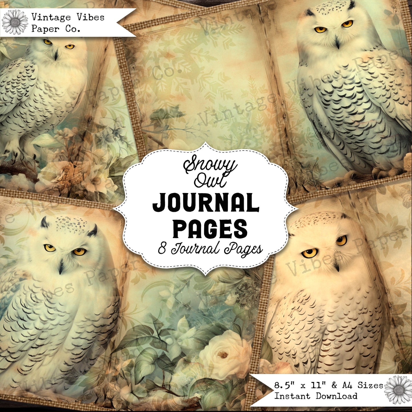 Vintage Junk journal, Christmas snowy owls junk journal pages, animal junk journal printable papers, digital collage pages for journaling