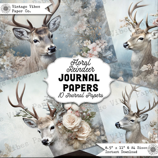 Vintage Junk journal, Christmas floral Reindeer junk journal papers, animal junk journal printable papers,digital collage paper for journals