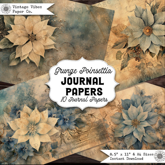 Junk journal papers Grunge Poinsettia, Christmas floral printable digital papers for junk journalling & scrapbooking, junk journal paper kit