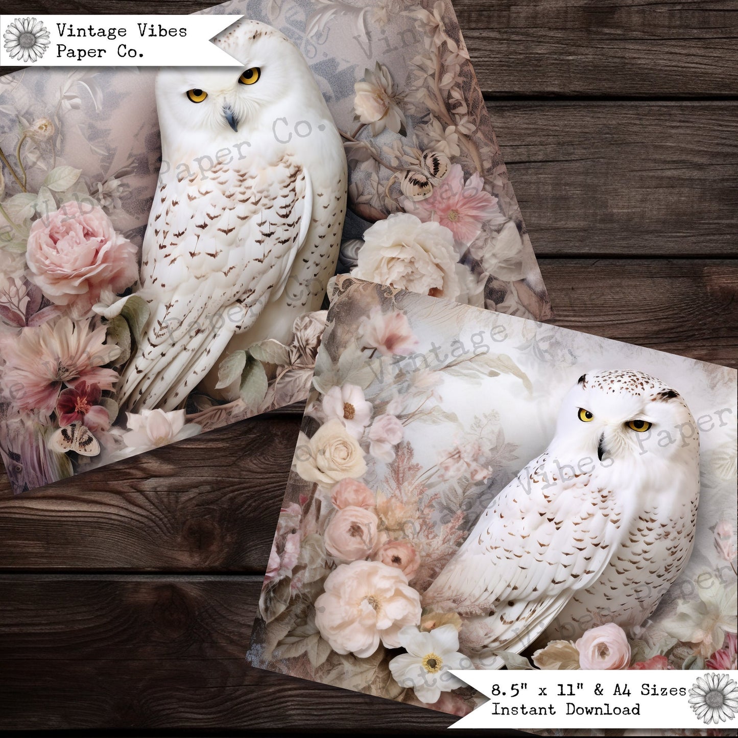 Junk journal paper vintage snowy owls, floral owl winter scrapbooking papers, printable digital papers for junk journalling, christmas theme