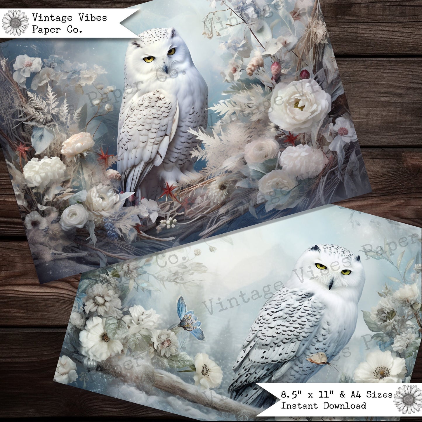 Junk journal paper vintage snowy owls, floral owl winter scrapbooking papers, printable digital papers for junk journalling, christmas theme