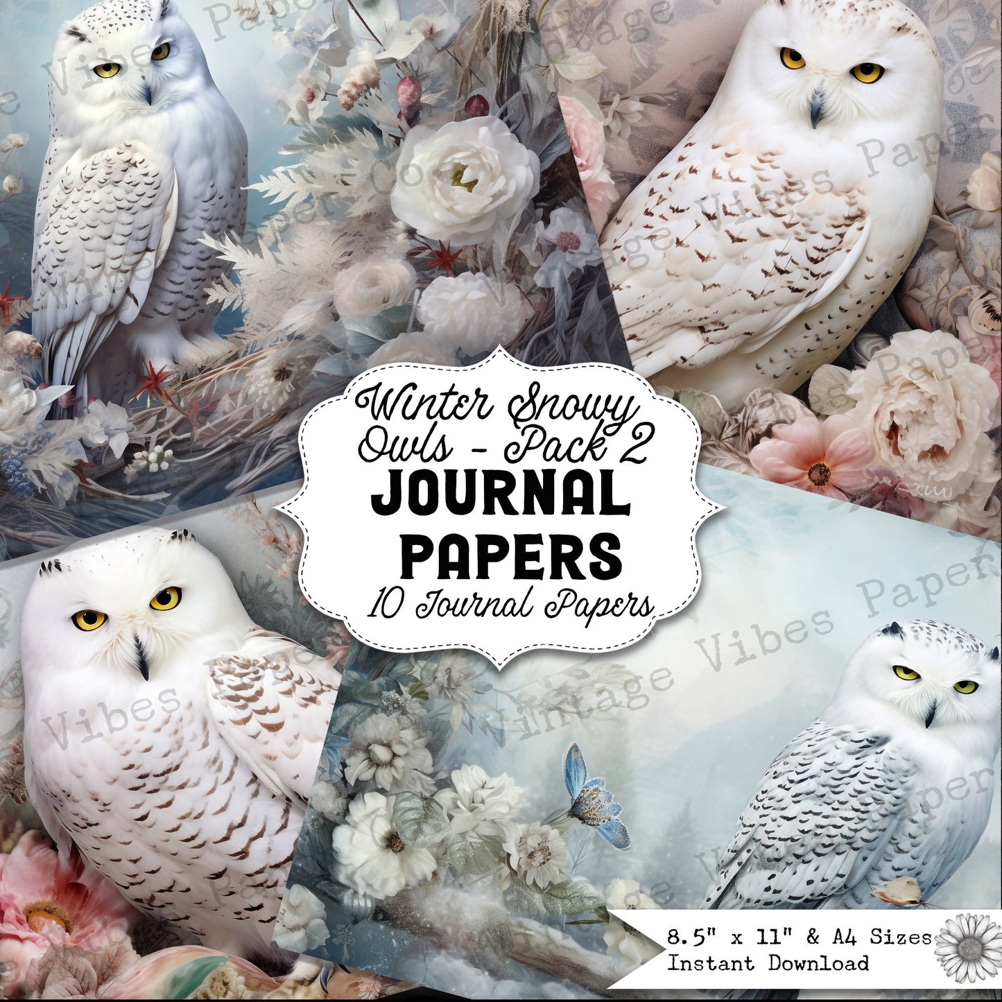 Junk journal paper vintage snowy owls, floral owl winter scrapbooking papers, printable digital papers for junk journalling, christmas theme