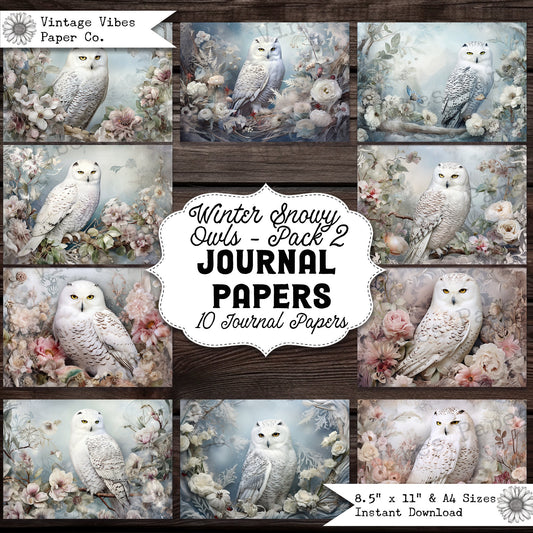 Junk journal paper vintage snowy owls, floral owl winter scrapbooking papers, printable digital papers for junk journalling, christmas theme