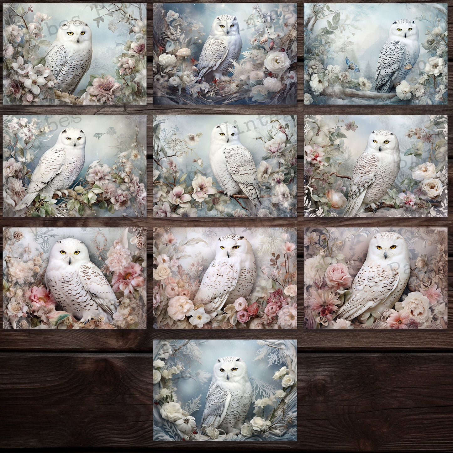 Junk journal paper vintage snowy owls, floral owl winter scrapbooking papers, printable digital papers for junk journalling, christmas theme