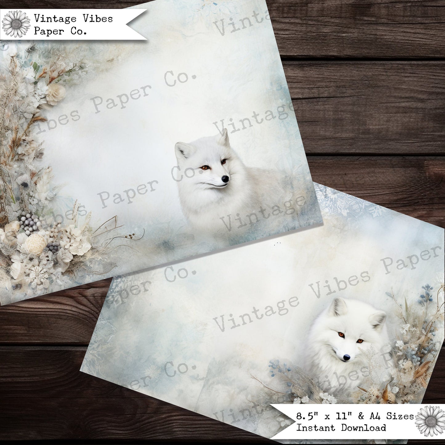 Vintage Christmas Junk journal floral arctic fox junk journal papers, animal journal page printable paper, digital collage paper for journal