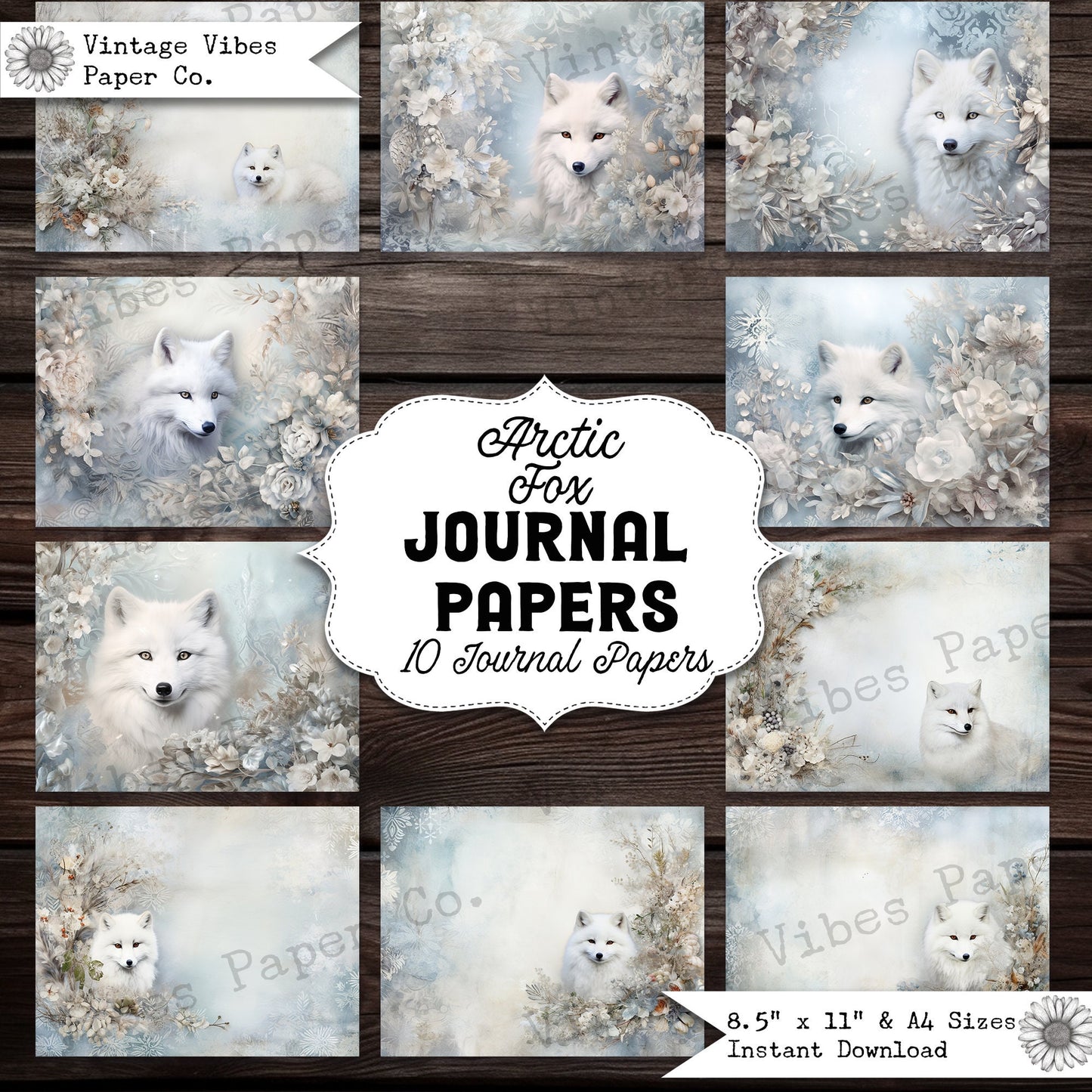 Vintage Christmas Junk journal floral arctic fox junk journal papers, animal journal page printable paper, digital collage paper for journal